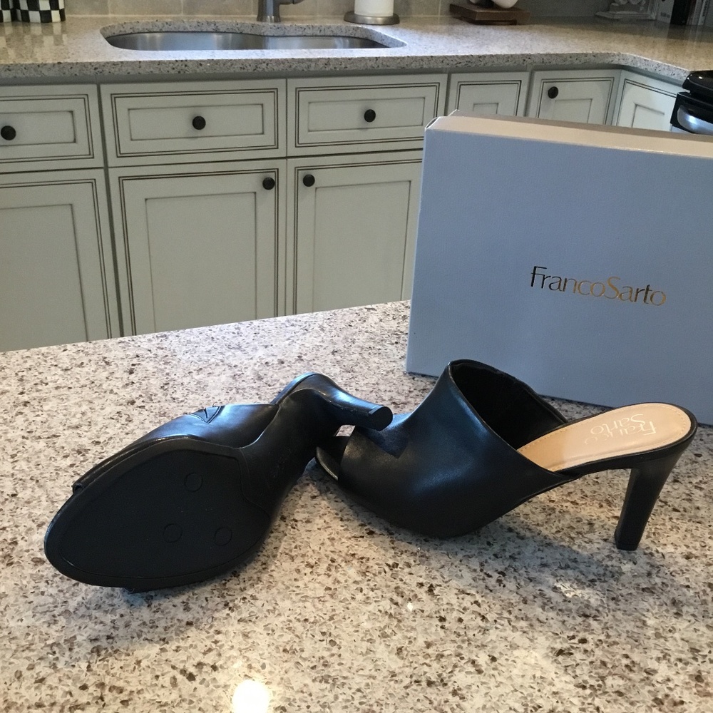 Franco Sarto black leather peep toe high heel mule